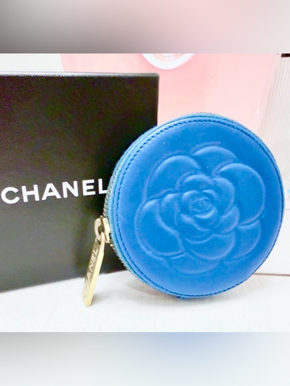 Rare Chanel Blue CC Logo Round Camellia Flower Lambskin Coin Purse Wallet